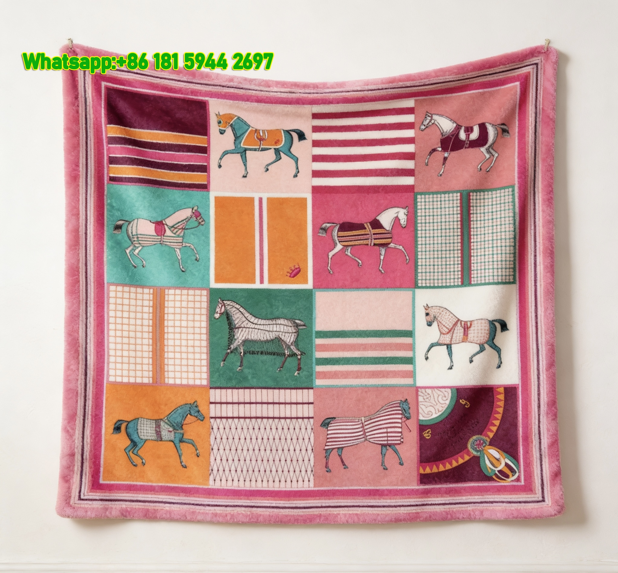 Hermès Pink Equestrian Horse Patchwork Flannel Throw Blanket IMG_5100